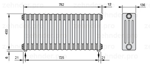 Схема (чертеж) Радиатор Zehnder Charleston 4045/17 №3570 Белый глянцевый RAL 9016